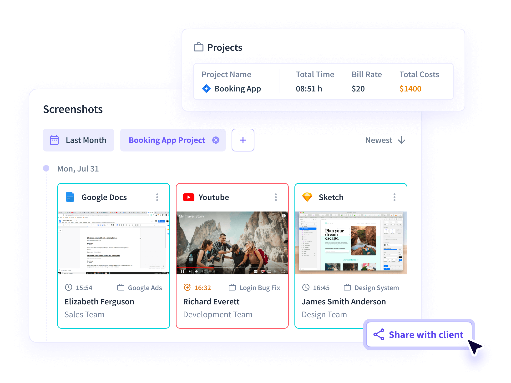 Insightful dashboard showing time and attendance functionality, namely scheduled shifts, timesheets and attendance management